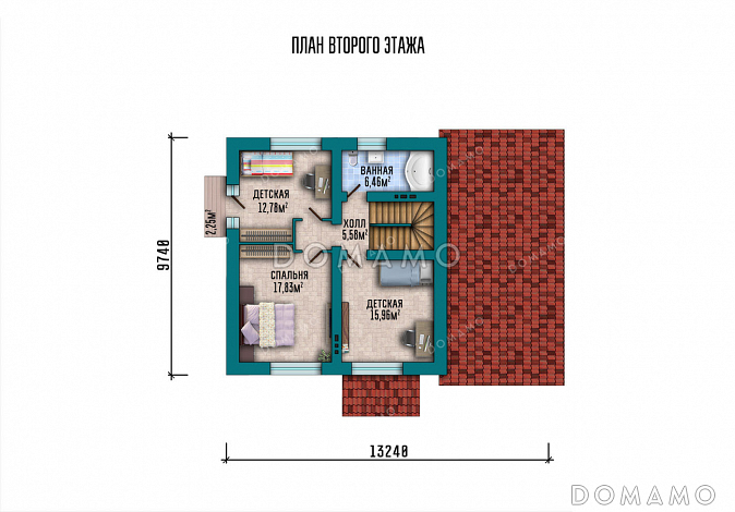 Проект дома с тремя спальнями, гаражом на один автомобиль и мастерской / План мансардного этажа