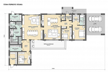 Проект одноэтажного Г-образного дома из кирпича с мастер-спальней, теплой террасой, парной и навесом для двух машин / План 1 этажа Проект одноэтажного Г-образного дома из кирпича с мастер-спальней, теплой террасой, парной и навесом для двух машин / План 1 этажа