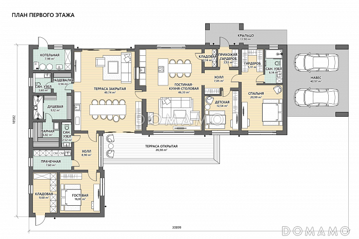 Проект одноэтажного Г-образного дома из кирпича с мастер-спальней, теплой террасой, парной и навесом для двух машин / План 1 этажа Проект одноэтажного Г-образного дома из кирпича с мастер-спальней, теплой террасой, парной и навесом для двух машин / План 1 этажа