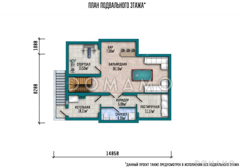 Проект дома со спортзалом и постирочной в подвале, 6 комнатами и террасой / План подвала