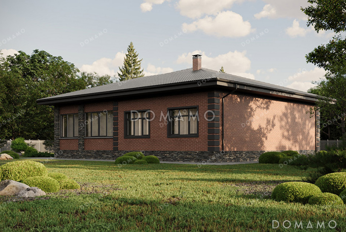 Проект уютного одноэтажного дома с крытой террасой, застекленной верандой, тремя спальнями и двумя санузлами Проект уютного одноэтажного дома с крытой террасой, застекленной верандой, тремя спальнями и двумя санузлами