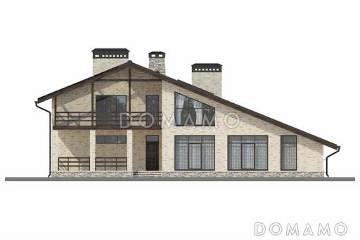 Проект дома с двускатной крышей, бассейном, зимним садом и небольшим подвалом / Фасад 1