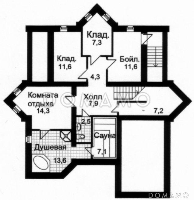 Проект кирпичного дома с гаражом и сауной / План цокольного этажа
