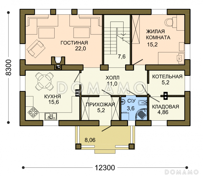 Проект лаконичного мансардного дома со строгой отделкой / План 1 этажа