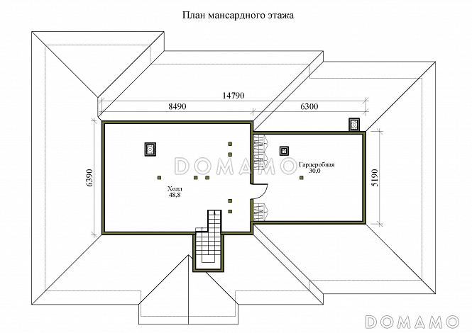 Проект одноэтажного дома с мансардой, верандой и гаражом на 2 машины / План мансардного этажа Проект одноэтажного дома с мансардой, верандой и гаражом на 2 машины / План мансардного этажа