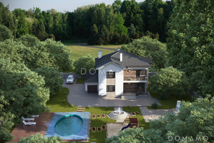 Проект загородного дома с гаражом, функциональной прихожей, просторной столовой зоной, зимнем садом Проект загородного дома с гаражом, функциональной прихожей, просторной столовой зоной, зимнем садом