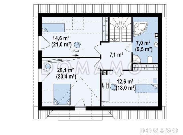 Проект полутораэтажного мансардного дома с кабинетом на первом этаже под каркасное строительство / План мансардного этажа