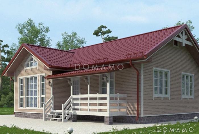 Проект бюджетного каркасного дома с небольшой крытой террасой Проект бюджетного каркасного дома с небольшой крытой террасой