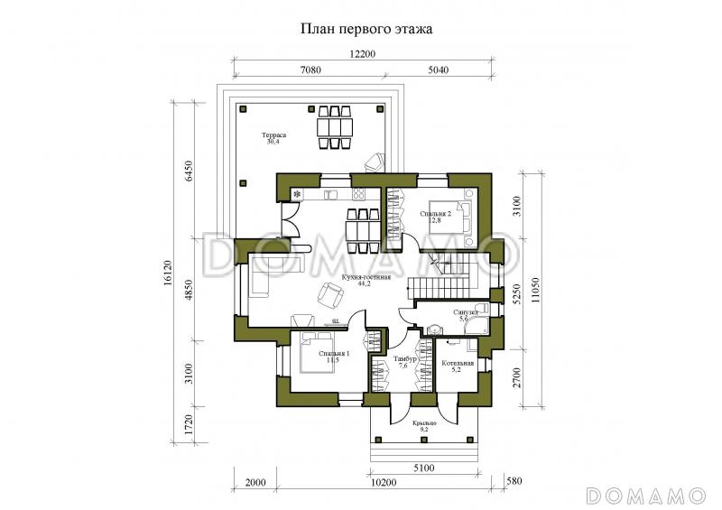 Проект двухэтажного дома из газобетона с двумя каминами на большой террасе и в гостиной / План 1 этажа