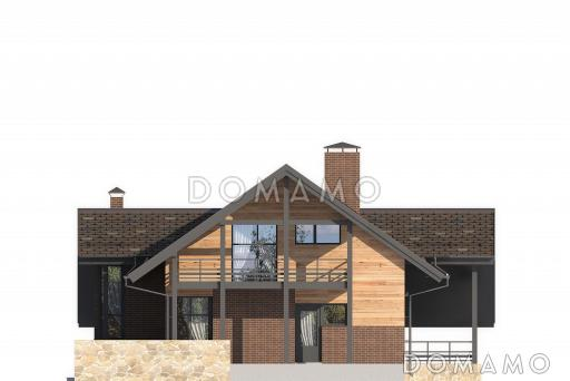 Проект дома с навесом на две машины, двумя террасами, гостиной с камином, спальней на первом этаже, балконом / Фасад 2