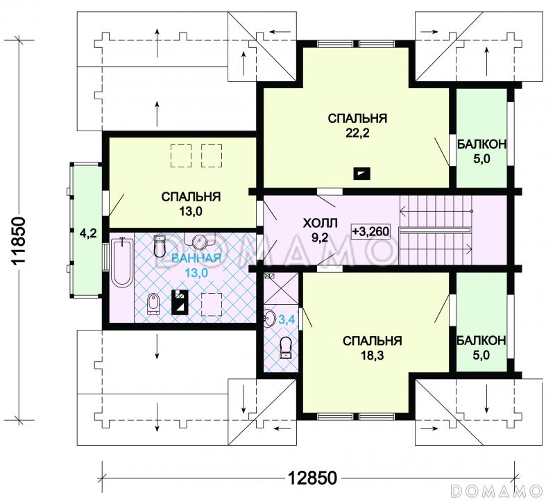 Проект комфортабельного дома из бревна с тремя спальными комнатами и уютной гостиной / План мансардного этажа