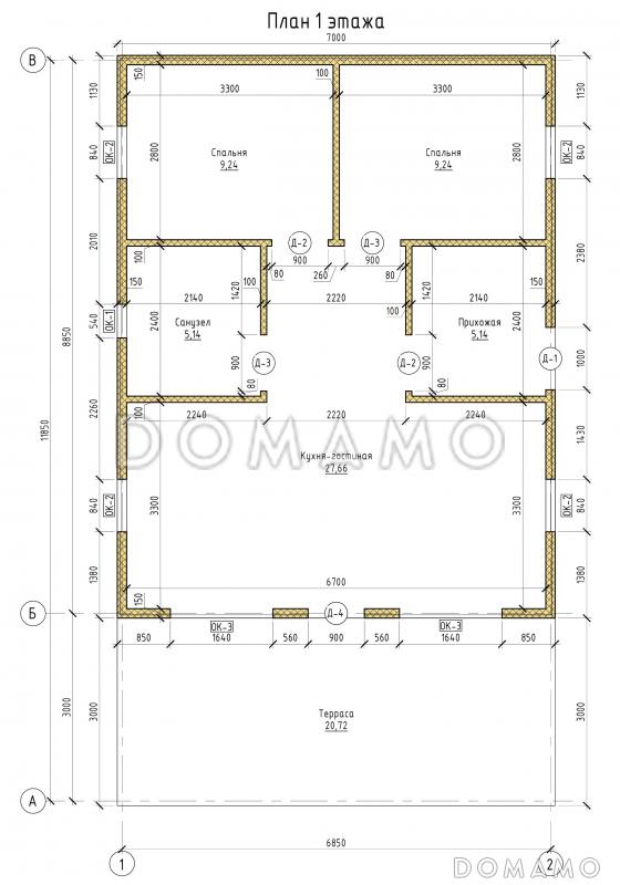 Проект каркасного дома с двумя спальнями и крытой террасой / План 1 этажа