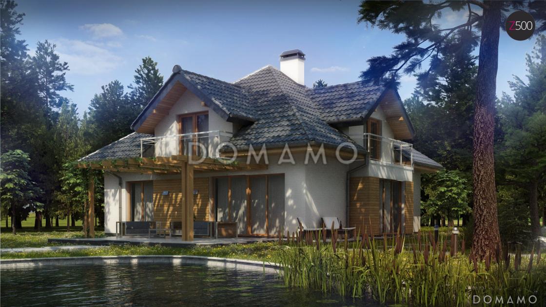 Проект классического одноэтажного мансардного дома из кирпича с дополнительной спальней на первом этаже, с тремя балконами и гаражом на два автомобиля / 2