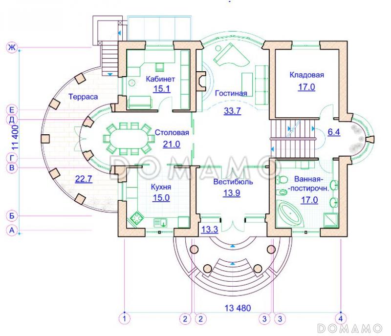 Проект коттеджа с двусветной гостиной, сауной и балконом / План 1 этажа