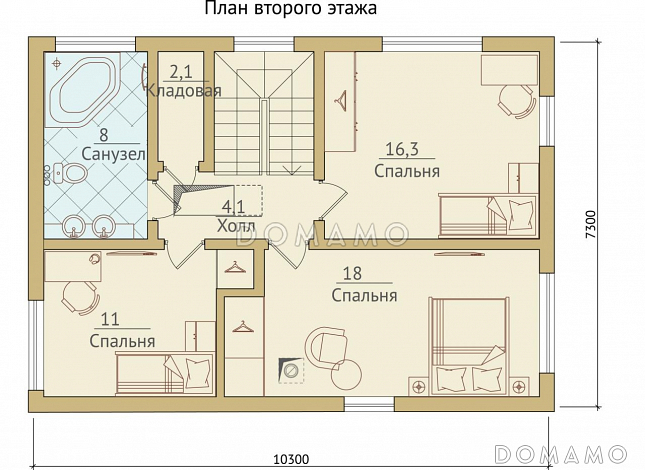 Проект современного двухэтажного каркасного дома / План 2 этажа Проект современного двухэтажного каркасного дома / План 2 этажа