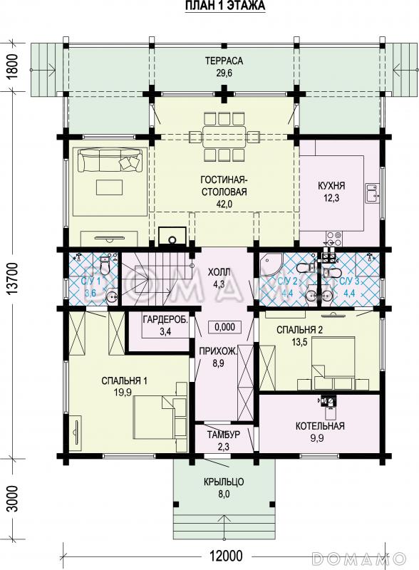 Проект дома-шале со вторым светом в гостиной и балконом на мансарде / План 1 этажа