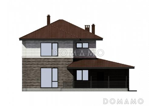 Проект двухэтажного дома с широким крыльцом, отдельным блоком для гостей, террасой / Фасад 3
