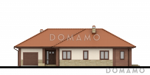 Проект одноэтажного дома из кирпича с просторной гостиной, четырьмя комнатами и гаражом / Фасад 4