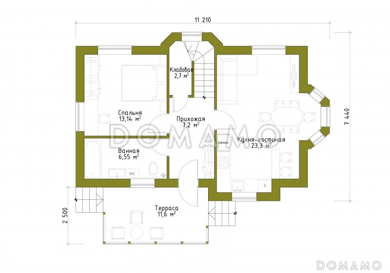 Проект небольшого дома из газобетона с большим крыльцом и эркером. / План 1 этажа