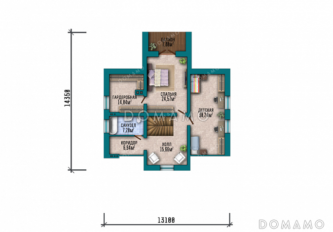 Проект дома с 3 большими спальнями, зимним садом, террасой и балконом / План мансардного этажа