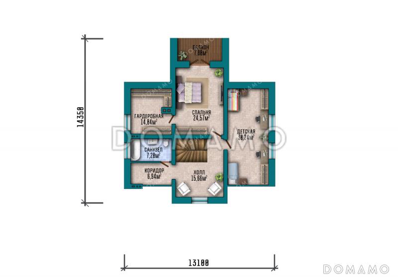 Проект дома с 3 большими спальнями, зимним садом, террасой и балконом / План мансардного этажа