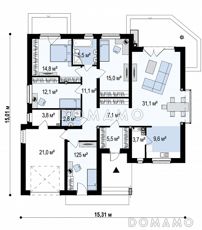 Проект одноэтажного дома из кирпича со стеклянным эркером в столовой зоне, четырьмя спальнями и гаражом / План 1 этажа Проект одноэтажного дома из кирпича со стеклянным эркером в столовой зоне, четырьмя спальнями и гаражом / План 1 этажа
