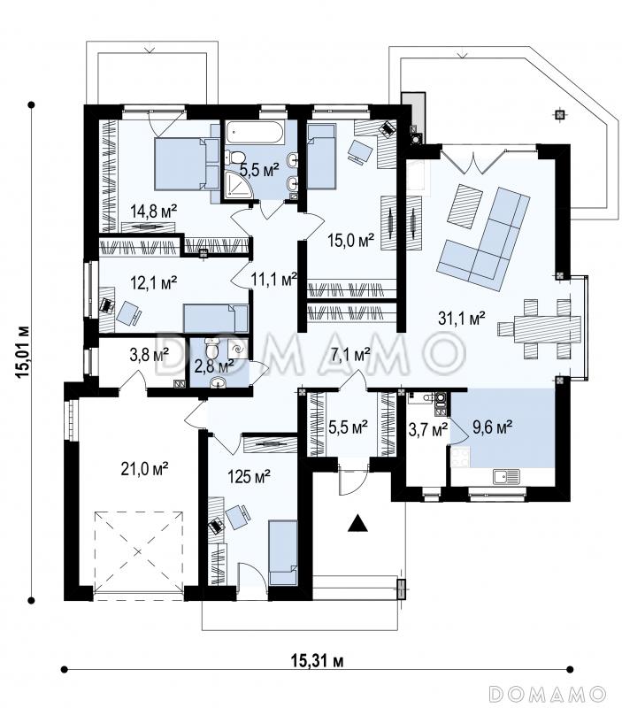 Проект одноэтажного дома из кирпича со стеклянным эркером в столовой зоне, четырьмя спальнями и гаражом / План 1 этажа