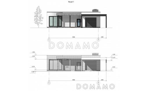 Проект одноэтажного дома с мастер-спальней, двумя детскими, гаражом, навесом и верандой / Фасад 1