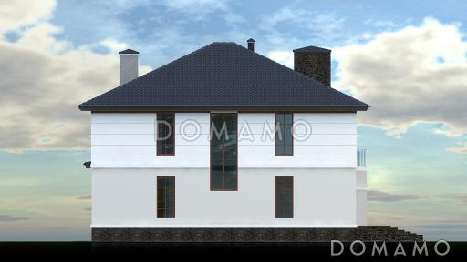 Проект дома с входом с угла здания, террасами, кладовой в кухне, сауной, хозяйской спальней и детскими / Фасад 2 Проект дома с входом с угла здания, террасами, кладовой в кухне, сауной, хозяйской спальней и детскими / Фасад 2