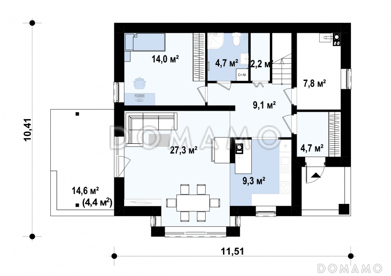 Проект одноэтажного мансардного дома из газобетона с кабинетом на первом этаже / План 1 этажа