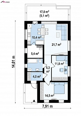 Проект компактного одноэтажного дома из кирпича для небольшой семьи / План 1 этажа Проект компактного одноэтажного дома из кирпича для небольшой семьи / План 1 этажа