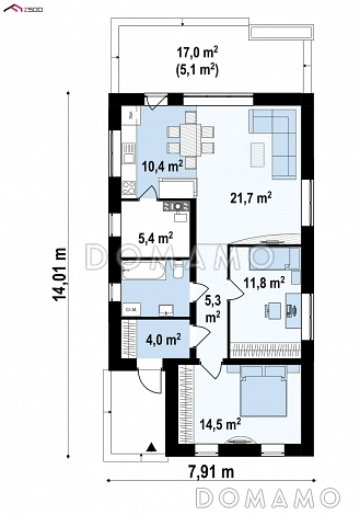 Проект компактного одноэтажного дома из кирпича для небольшой семьи / План 1 этажа Проект компактного одноэтажного дома из кирпича для небольшой семьи / План 1 этажа