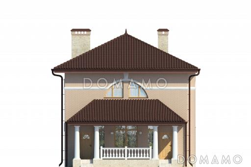 Проект дома с крытой террасой, колоннами, кухней-столовой с полукруглой стеной на террасу, эркером, спальнями и кабинетом на втором этаже / Фасад 2