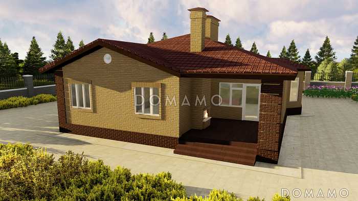 Проект одноэтажного дома с эркером в гостиной, крытой террасой с камином, большой кладовой с окном Проект одноэтажного дома с эркером в гостиной, крытой террасой с камином, большой кладовой с окном