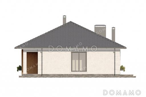 Проект квадратного одноэтажного дома с отделкой декоративной штукатуркой, террасой под общей вальмовой крышей и большой совмещенной кухней-гостиной / Фасад 3