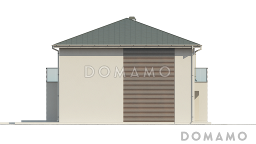 Проект современного двухэтажного дома из газобетона с дополнительной спальней на первом этаже, гаражом и открытой террасой на втором этаже / Фасад 4