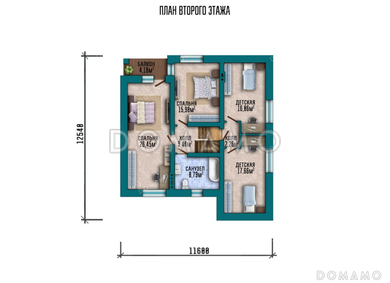 Проект одноэтажного дома с мансардой, гаражом на два автомобиля и террасой / План мансардного этажа