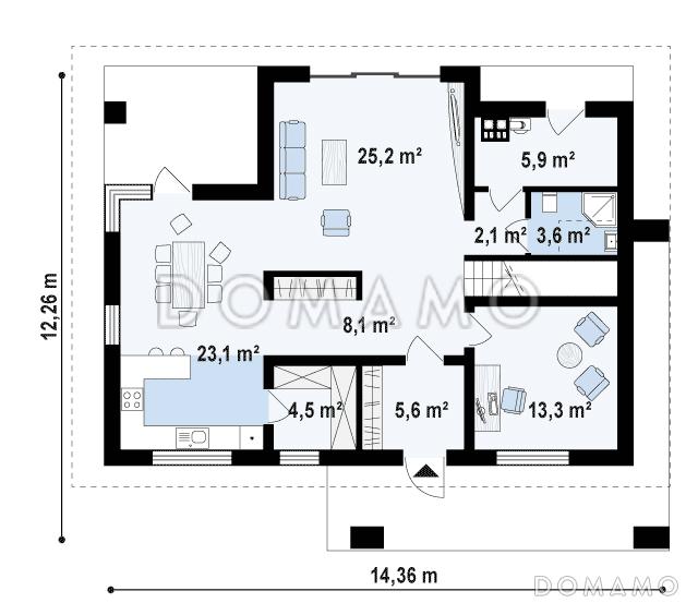 Проект одноэтажного мансардного дома из газобетона с угловой террасой / План 1 этажа