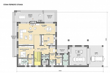 Проект Г-образного дома из газобетона с 3 спальнями, изолированной кухней и зоной барбекю на террасе / План 1 этажа Проект Г-образного дома из газобетона с 3 спальнями, изолированной кухней и зоной барбекю на террасе / План 1 этажа