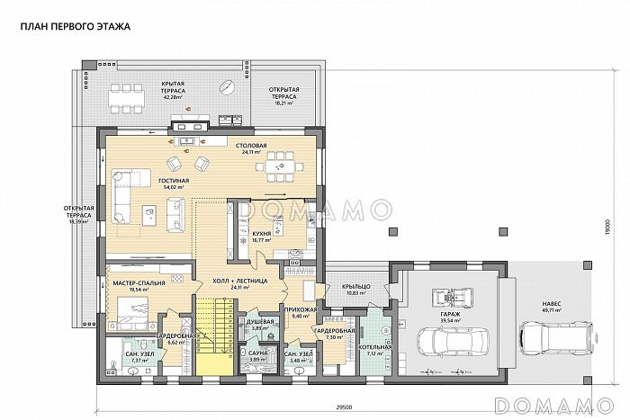 Проект Г-образного дома из газобетона с 3 спальнями, изолированной кухней и зоной барбекю на террасе / План 1 этажа Проект Г-образного дома из газобетона с 3 спальнями, изолированной кухней и зоной барбекю на террасе / План 1 этажа