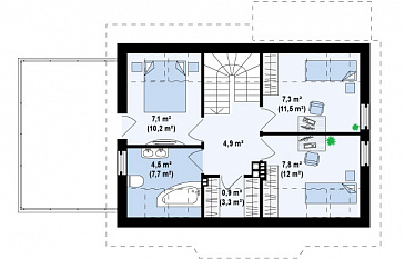 Проект одноэтажного мансардного дома из кирпича с открытой террасой над гаражом / План мансардного этажа Проект одноэтажного мансардного дома из кирпича с открытой террасой над гаражом / План мансардного этажа
