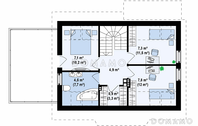 Проект одноэтажного мансардного дома из кирпича с открытой террасой над гаражом / План мансардного этажа Проект одноэтажного мансардного дома из кирпича с открытой террасой над гаражом / План мансардного этажа