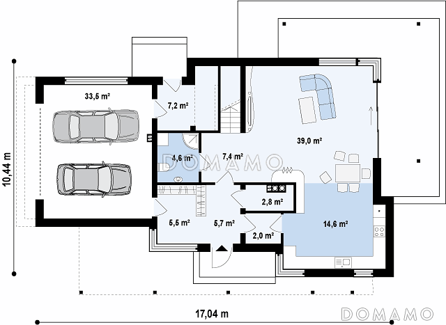 Проект современного двухэтажного дома из газобетона в стиле модерн с пятью спальнями, с гаражом, угловой террасой и балконом над ней / План 1 этажа Проект современного двухэтажного дома из газобетона в стиле модерн с пятью спальнями, с гаражом, угловой террасой и балконом над ней / План 1 этажа