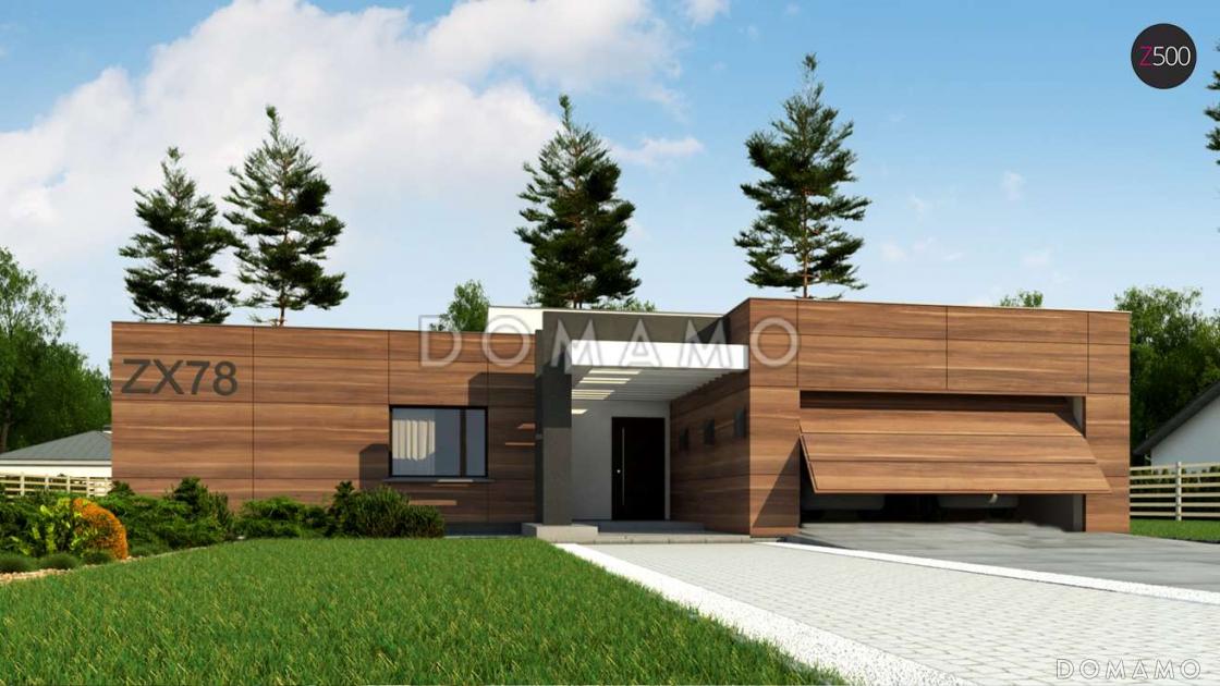 Проект просторного современного одноэтажного дома из газобетона с плоской крышей с тремя спальнями, крытой террасой и гаражом / 6