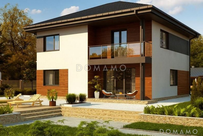 Проект двухэтажного дома с балконом, кабинетом и спальней на первом этаже, тремя спальными комнатами на втором Проект двухэтажного дома с балконом, кабинетом и спальней на первом этаже, тремя спальными комнатами на втором