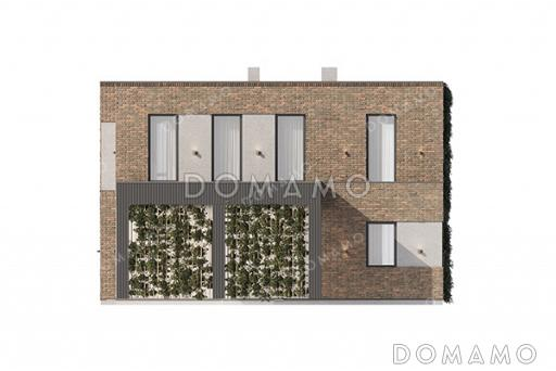 Проект двухэтажного современного дома с плоской крышей и навесом для авто / Фасад 4