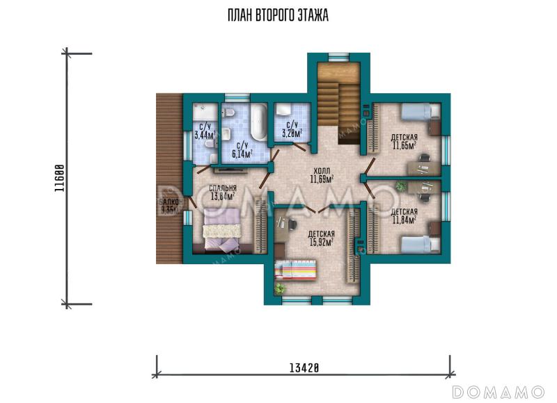 Проект дома с мастер-спальней, гостевой комнатой на первом этаже, балконом и террасой / План мансардного этажа