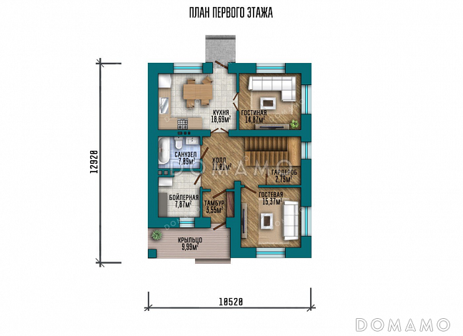 Проект двухэтажного дома с балконом / План 1 этажа Проект двухэтажного дома с балконом / План 1 этажа