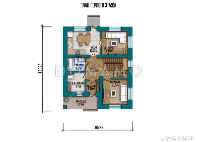 Проект двухэтажного дома с балконом / План 1 этажа