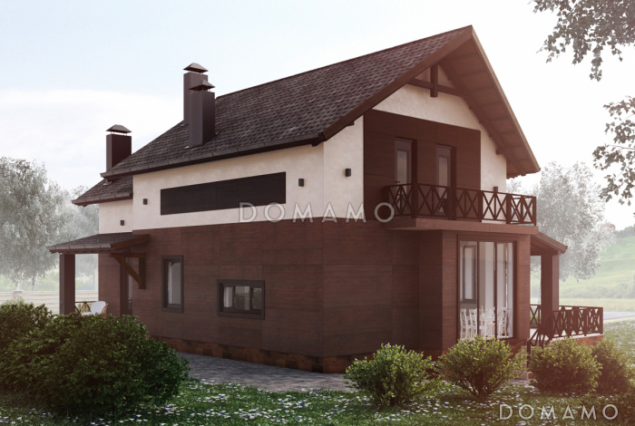 Проект дома с 4 спальнями, свободной планировкой кухни-гостиной-столовой и балконами на мансарде Проект дома с 4 спальнями, свободной планировкой кухни-гостиной-столовой и балконами на мансарде